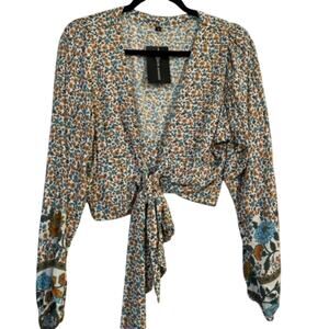 Jjwm  Wowan Women's Crop Blouse Medium Floral Print L/S Ties at Waist NWT